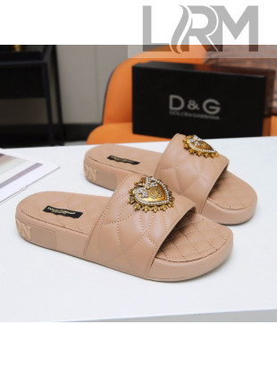 Dolce&Gabbana DG Calfskin Flat Slide Sandals with Heart Charm Nude 2021 (For Women and Men)