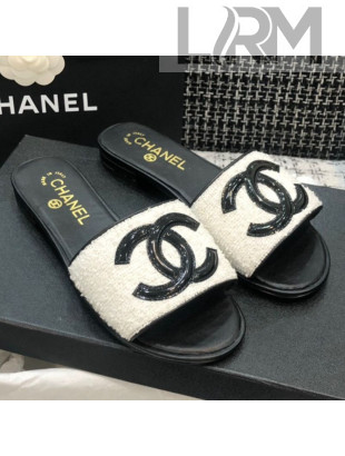 Chanel CC Tweed Flat Slide Sandals G37156 White 2021
