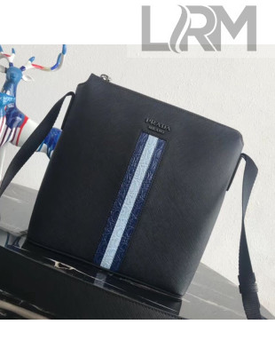 Prada Men's Saffiano Leather Shoulder Bag with Crocodile Embossed Web 2VH062 Black/Blue 2019