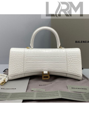 Balenciaga Hourglass Streched Top Handle Bag in Shiny Crocodile Calfskin 92945 White 2021