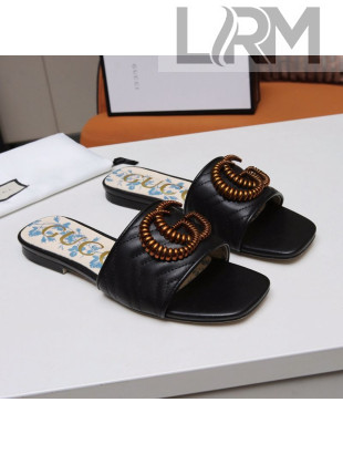 Gucci Calfskin Flat Slide Sandals with Aged Gold GG Black 2021
