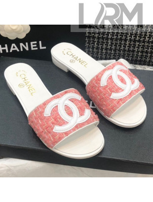 Chanel CC Tweed Flat Slide Sandals G37156 Pink 2021