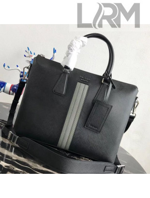 Prada Men's Saffiano Leather Briefcase with Crocodile Embossed Web 2VG044 Black/Grey 2019