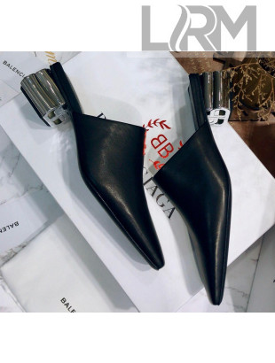 Balenciaga Calfskin Square Toe Mules With BB Heel Black 2020