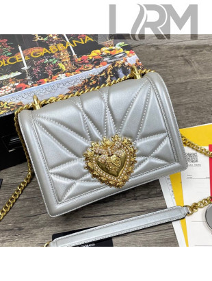 Dolce&Gabbana DG Devotion Medium Shoulder Bag in Quilted Nappa Leather Silver 2021