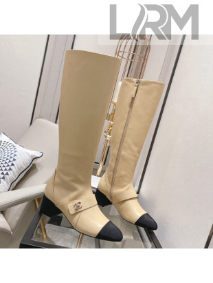 Chanel Calfskin CC Buckle High Boots 5cm Beige 2021 111160