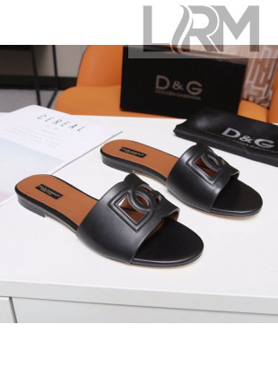 Dolce&Gabbana Cutout DG Calfskin Flat Slide Sandals Black 2021
