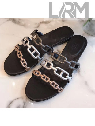 Hermes Leather "Chaine d'Ancre" Flat Sandal Silver/Grey/Brown 2020