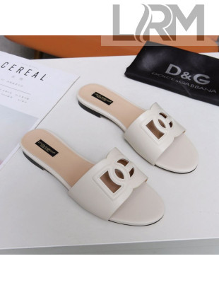 Dolce&Gabbana Cutout DG Calfskin Flat Slide Sandals White 2021