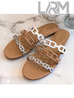 Hermes Leather "Chaine d'Ancre" Flat Sandal White/Brown 2020
