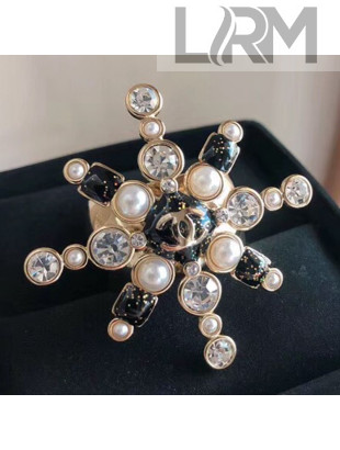 Chanel Crystal and Pearl Snowflake Ring AB1844 White/Black 2019