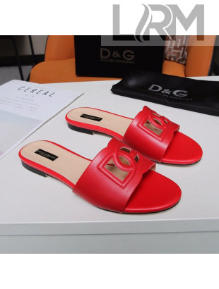 Dolce&Gabbana Cutout DG Calfskin Flat Slide Sandals Red 2021