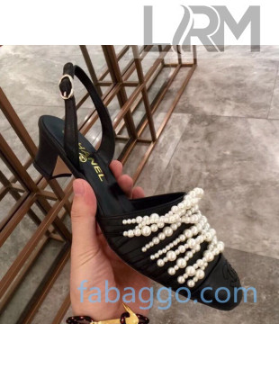Chanel Lambskin Pearl Bead Charm Heel 50 Slingback Pumps Black 2020 