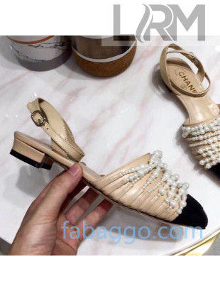 Chanel Lambskin Pearl Bead Charm Low-Heel Slingback Pumps Beige 2020 