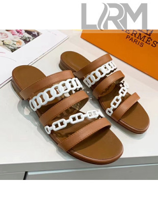 Hermes Leather "Chaine d'Ancre" Straps Slipper Sandal Brown/White 2020