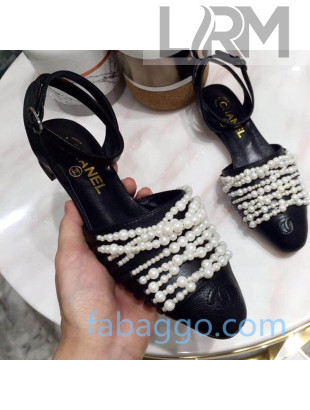 Chanel Lambskin Pearl Bead Charm Low-Heel Slingback Pumps Black 2020 