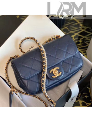 Chanel Quilted Calfskin Flap Bag with Pearl and Chain Strap AS2210 Navy Blue 2020