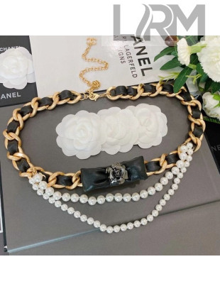 Chanel Pearl Chain Belt with Bow AB4460 Black/Gold/White 2020