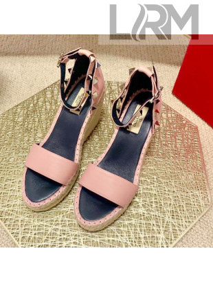 Valentino Double Rockstud Grainy Calfskin Wedge Sandals Pink 2021