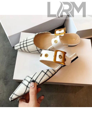 Dior Flat Leather Buckle Band Mules in Black and White Plaid 2019