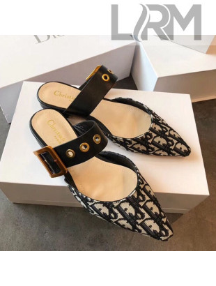 Dior Flat Leather Buckle Band Mules in Oblique Canvas 2019