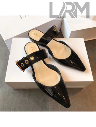 Dior Flat Leather Buckle Band Mules in Black Patent Leather 2019