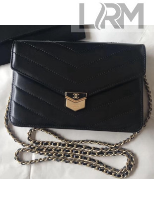 Chanel Chevron Calfskin Medal Wallet On Chain WOC Bag Black 2018