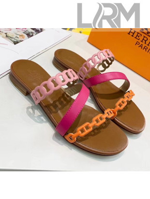 Hermes Leather "Chaine d'Ancre" Straps Ajaccio Slipper Sandal Rosy/Pink/Orange 2020