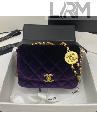 Chanel Quilted Velvet Flap Bag with CC Coin Charm AS2222 Purple 202002