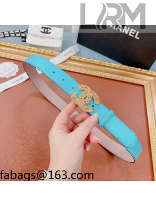 Chanel Calfskin Belt 30mm with Crystal CC Buckle Blue 2021