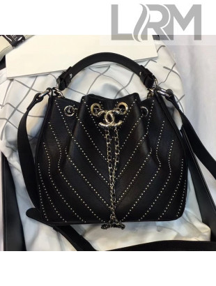 Chanel Studded Chevron Calfskin Bucket Bag Black 2019