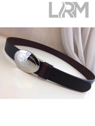 Prada Men's Grained Calfskin Belt 2cm with Metal Logo Buckle Black/Silver 2021