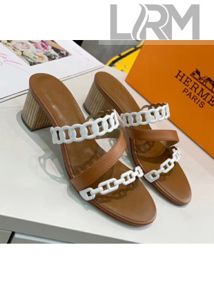 Hermes Leather "Chaine d'Ancre" Straps Ajaccio Sandal With 5cm Heel Brown/White 2020