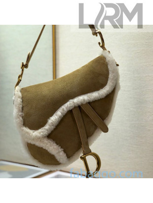 Dior Medium Saddle Bag in Suede and Shearling Wool Camel Brown/White 2020