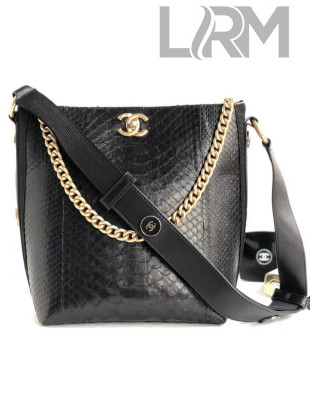 Chanel Button Up Python & Grosgrain Small Hobo Handbag A57573 Black 2018