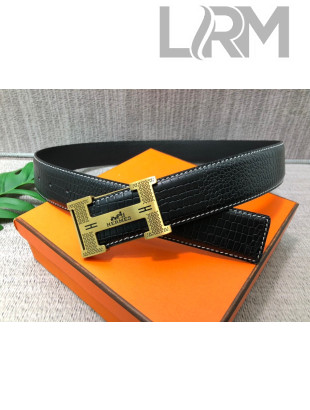 Hermes Lizard Embossed Calfskin Belt 3.8cm with H Buckle Black/Gold 2021