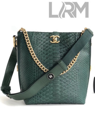 Chanel Button Up Python & Grosgrain Small Hobo Handbag A57573 Green 2018