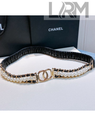 Chanel Pearl Lambskin Pleated Chain Belt AA7481 Black 2021