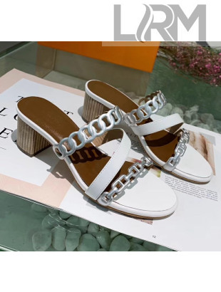Hermes Leather "Chaine d'Ancre" Straps Ajaccio Sandal With 5cm Heel White/Silver 2020
