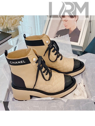 Chanel Lambskin Logo Pearl Lace-ups Ankle Boots G38514 Beige 2021 