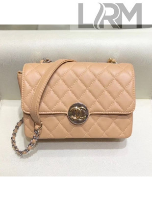 Chanel Quilted Grained Calfskin Round CC Metal Small Flap Bag AS6088 Apricot 2019