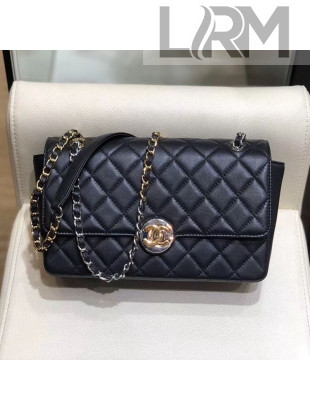 Chanel Quilted Grained Calfskin Round CC Metal Medium Flap Bag AS6099 Black 2019