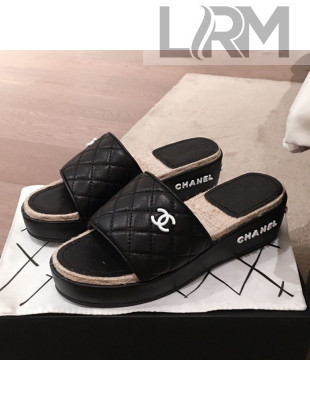 Chanel Quilted Leather Platform Mule Slide Sandals Black 2020