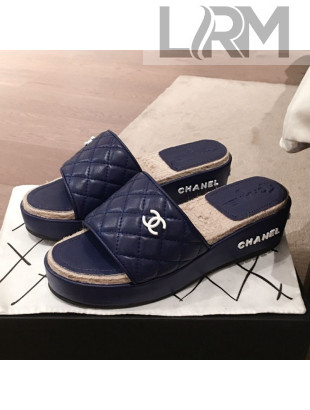 Chanel Quilted Leather Platform Mule Slide Sandals Blue 2020