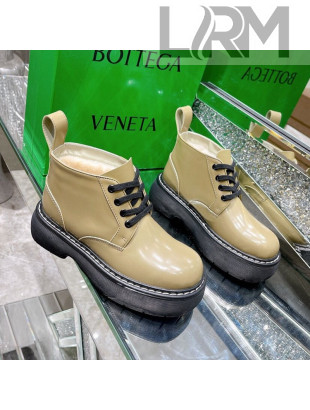 Bottega Veneta Shiny Leather & Wool Short Boots Khaki 2021 111313