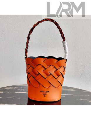 Prada Woven Leather Tress Bucket Bag 1BE049 Orange 2020