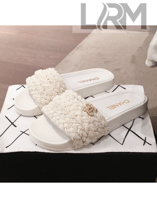 Chanel Tweed Pearls Flat Mule Slide Sandals G35696 White 2020