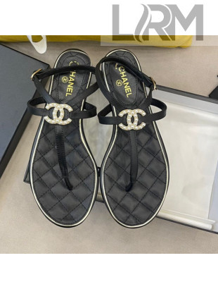 Chanel Lambskin Flat Thong Sandals with Pearl CC Charm G37384 Black 2021