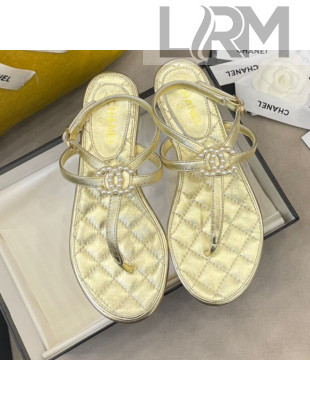 Chanel Lambskin Flat Thong Sandals with Pearl CC Charm G37384 Gold 2021