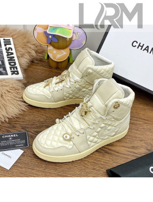 Chanel x Nike Air Jordan Calfskin High-Top Sneakers with Pearl and Silk Laces Apricot 2021